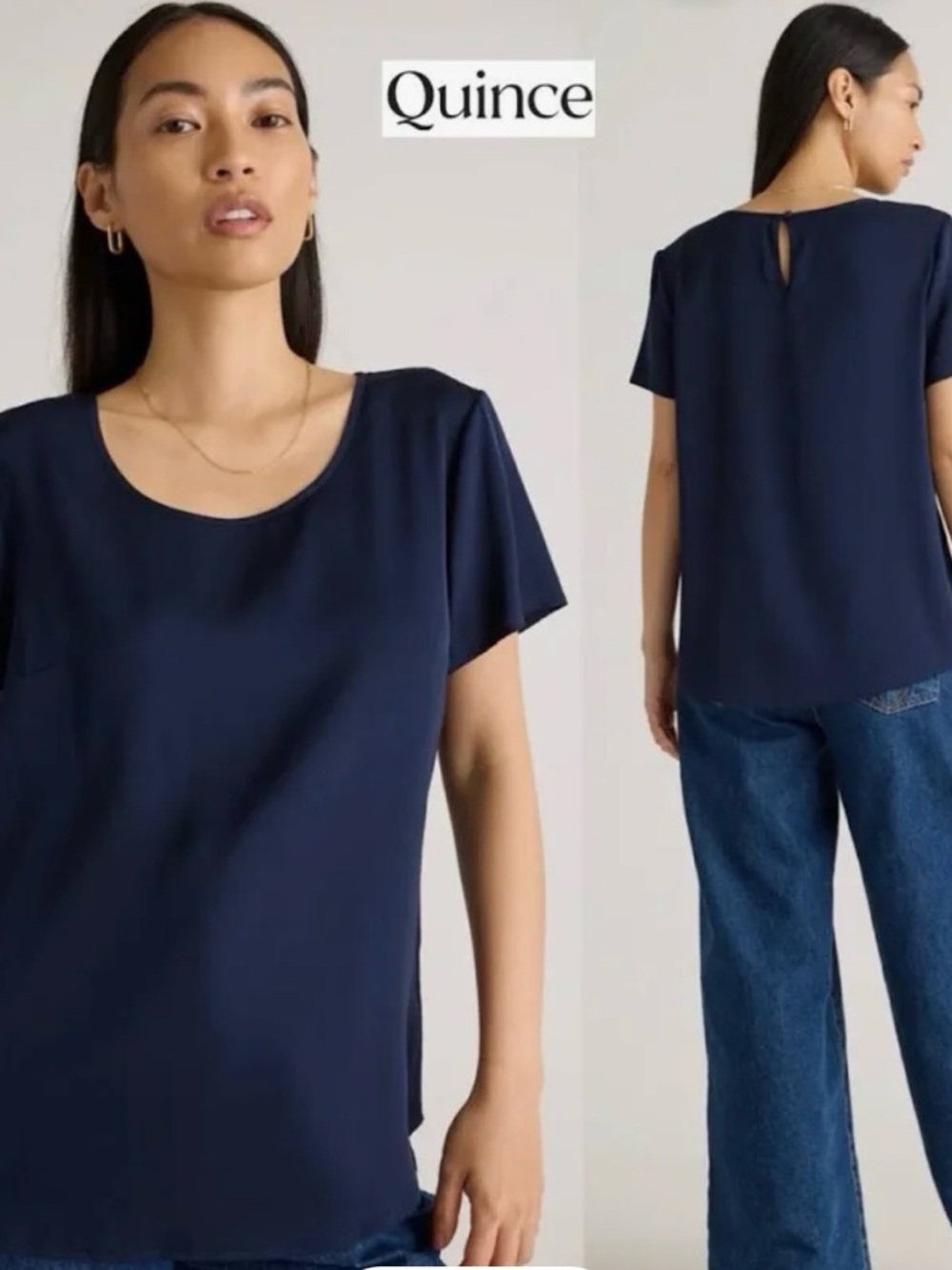 Quince navy washable silk short sleeve top, scoop neck size L